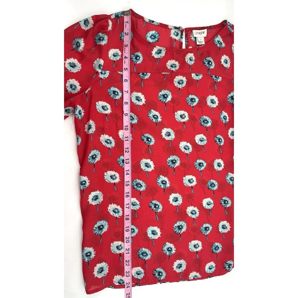 J.Crew Women’s Small Red Floral Blouse Blue Dandelion Print Puff Sleeve Top